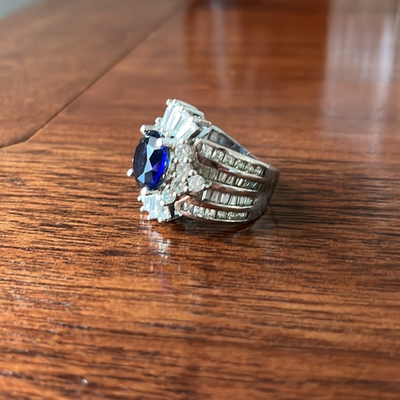 White Gold Plated Blue Sapphire Diamond Crown Simulated Ring - Picture 14 of 14